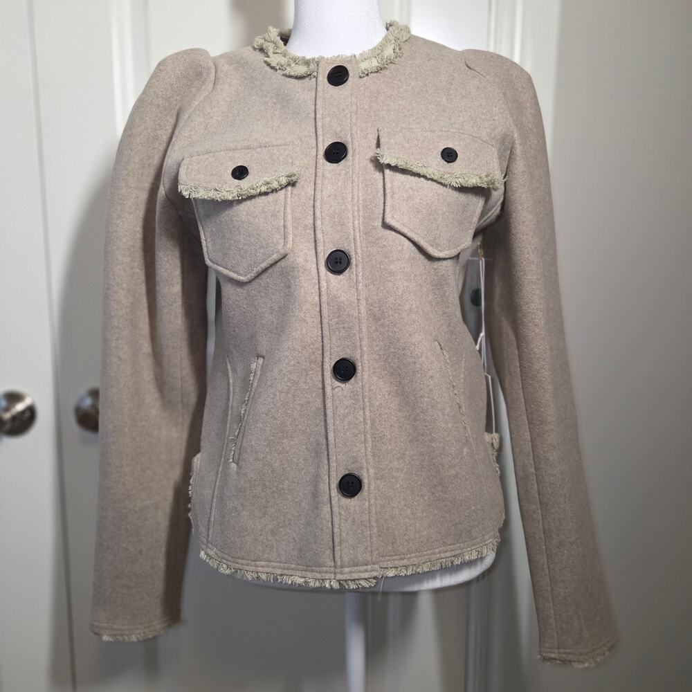Bishop + Young Wool Blend Nelly Collarless Blazer Frayed Edge Puff Sleeve NWT S
